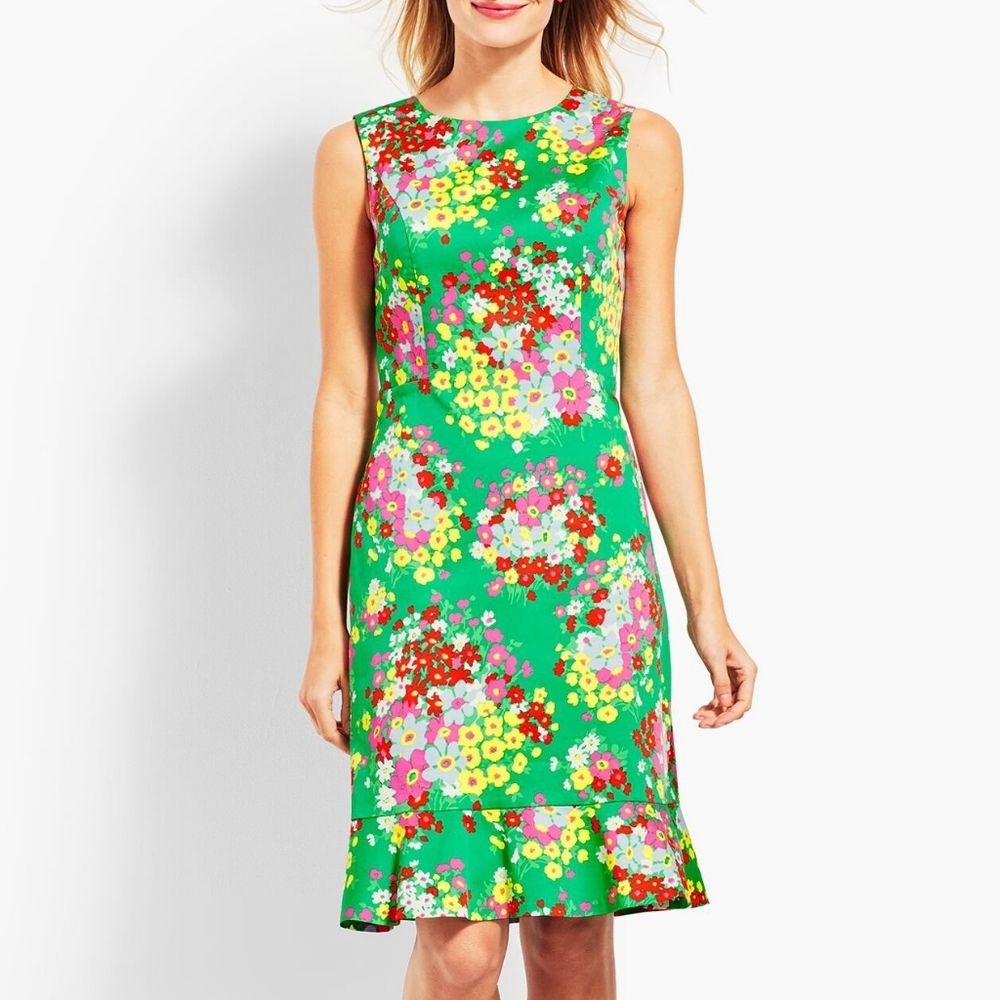 Talbots Green Floral Cotton Ruffle Hem Sleeveless Springtime Shift Dress 2